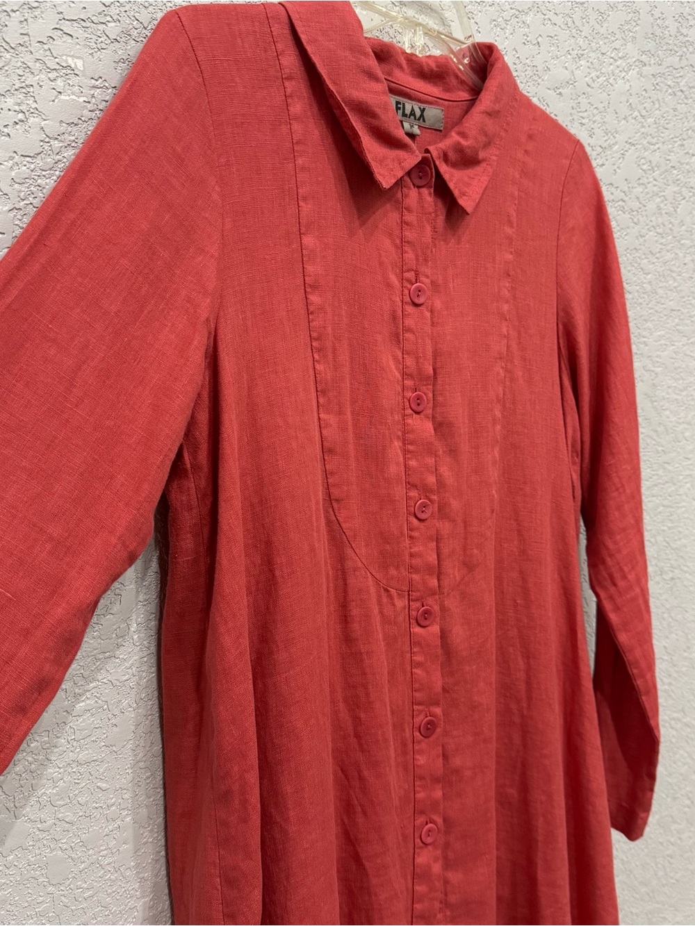 FLAX 100% Linen Button Down Tunic Top Womens Size P Red Coral Relaxed Lagenlook